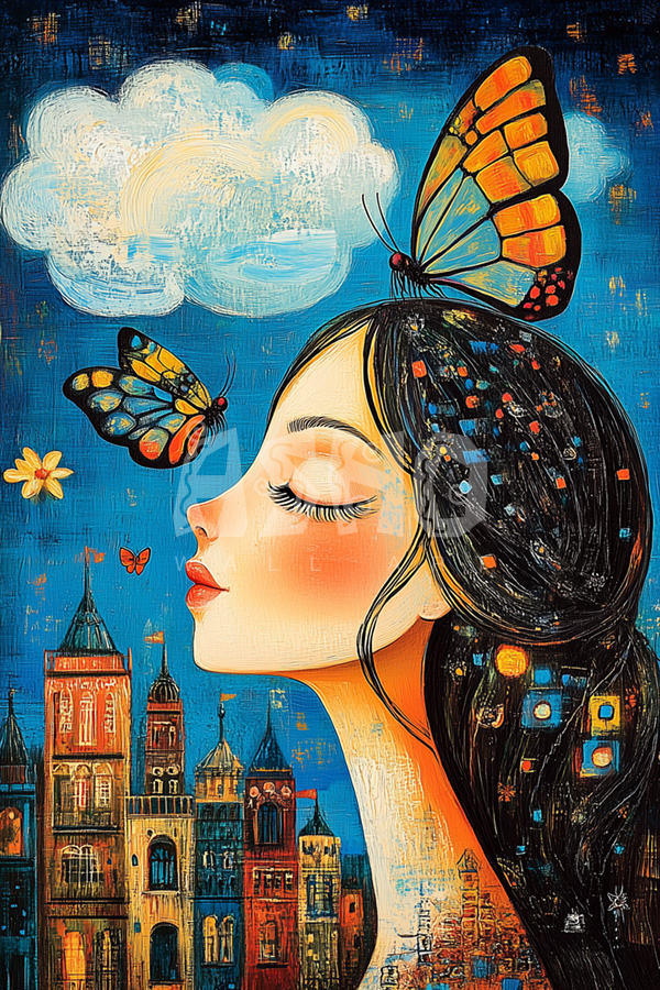 Dreamy Cityscape and Butterflies